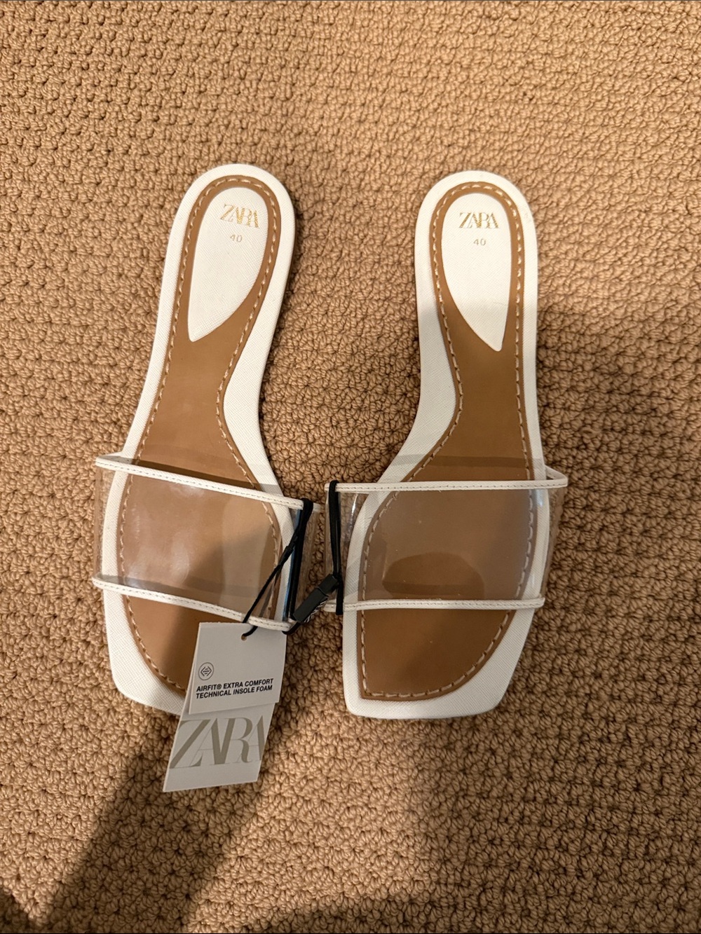 Zara White and Clear Square-Toe Slide Mules